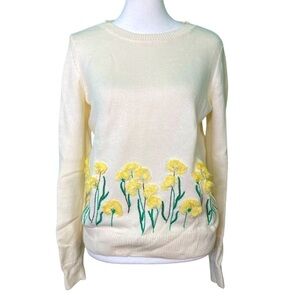 Talbots Floral Embroidered Cream Open Neck Sweater Yellow Flowers (Size XS)